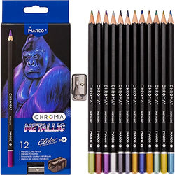 Marco Raffine Chroma Metallic Colored Pencils 12 Count Set in Cardboard Box; 2B Hardness, Professional Drawing Supplies for Kids, Adults, Artists; Coloring Oil Pencil for Art, Sketching, Drawing