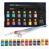 Mancola 16-Pieces Glass Dipped Pen Ink Set-Rainbow Crystal Pen with 12 Colorful Inks, Pen Holder, Cleaning Cup, 2 Crystal Glass Pens for Art, Writing, Signatures, Calligraphy, Decoration, Gift Ma-16