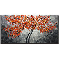Metuu Modern Canvas Paintings, Texture Palette Knife Red Flowers Paintings Modern Home Decor Wall Art Painting Colorful 3D Flowers Tree Wood Inside Framed Ready to Hang 24x48inch