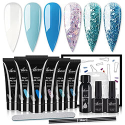 Levino Poly Nails Gel Kit - Poly Nails Gel Colors Clear Blue Glitter Nail Extension Gel Kit Builder Gel with Slip Solution Easy DIY at Home for Starter