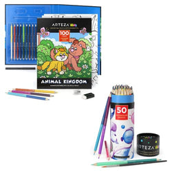 Arteza Kids Watercolor Pencils, 100 Colors, 50 Double-Sided Pencil Crayons with Nylon Watercolor Brush and Land Animals Coloring Book Kit, Art Supplies for School, Home, Doodling, and Drawing