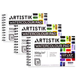 Artistik Premium Watercolor Pad - (Pack of 3) 5.5" x 8.5", (140lb/300gsm) 90 Total Sheets - 30 Sheets per Sketch Pad, Spiral Bound Sketchbook with Acid-Free Cold Pressed Paper for Wet and Dry Media