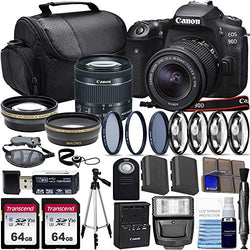 Canon EOS 90D DSLR Camera with Canon 18-55mm STM Lens with Wide Angle + Telephoto Lens + 2X 64GB Class 10 Memory Cards and Complete Starters Bundle
