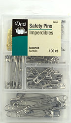 Dritz 1480 Safety Pins with Storage Box, Nickel plated Steel & Brass, Assorted Sizes (100-Count)