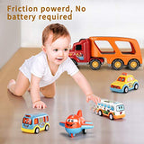 TEMI Carrier Truck Transport Car Play Vehicles Toys - 5 in 1 Friction Power Set w/ Real Siren Sound & Bright Flashing Light, Push and Go Play Vehicles Toys with Mini Cartoon Bus/Taxi/Airplane