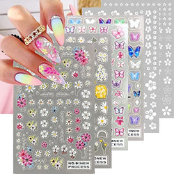 YOSOMK 8 Sheets Flower Nail Art Stickers White Flower Butterfly Nail Decals Colorful 3D Self-Adhesive Daisy Nail Supplies Accessories for Women Spring Nail DIY Design Decoration