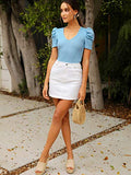 Romwe Women's Elegant Short Puff Sleeve Knit Summer V-Neck T-Shirt Tops Baby Blue Medium