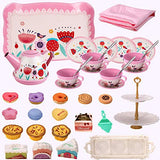 PRE-WORLD Tea Party Set for Little Girls, Princess Tea Time Toy Including Dessert,Cookies,Doughnut,Teapot Tray Cake, Tablecloth & Carrying Case,Kids Kitchen Pretend Play for Girls Boys Age 3-6