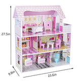 Wooden Dollhouse for Little Girls, Doll House with 9 Furniture Pieces Toys Gift for 3 4 5 6 Year Old Kids Toddlers