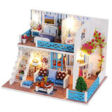 Binory 3D Wooden DIY Miniature Blue Coast Duplex Apartment with Furniture LED House,Hand-Assembled Villa Model Creative Gifts,DIY Miniature Dollhouse Kit,Creative