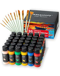 Fantastory Acrylic Paint Set 36 Colors(2oz /60ml) with 12 Brushes, Professional Craft Thick Paints Kits for Adults and Kids, Canvas Wood Fabric Ceramic Rock Painting Supplies