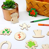 120 Pieces St. Patrick's Day Unfinished Wooden Ornaments Blank Wooden Ornaments Wood Embellishments Shamrock Horseshoe Rainbow Leprechaun Hat Pot of Gold Cutouts with 120 Pieces Twines for Craft Decor