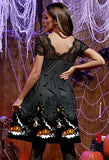 Halloween Women Vintage Lace Sleeve Midi Dress Swing Pumpkin Bat Party Costume Black XXL