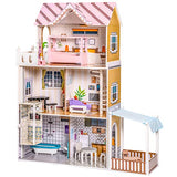 ROBOTIME Wood Dollhouse Pretend Play Doll House Toys w/Furniture, Movable Elevator, 5 Rooms, Balcony, Backyard, 13PCS, 47.44*11.81*40.94in, Gift for Toddlers Ages 3+…