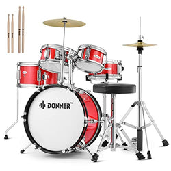 Kids Drum Sets Donner 5-Piece for Beginners,14 inch Junior Drum Kit, with Adjustable Throne, Cymbal, Hi-Hat, Pedal & Drumstick-Red