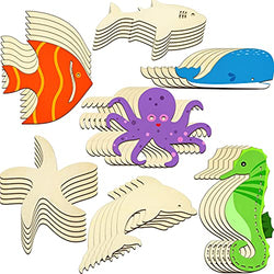 Unfinished Wood Cutouts Ocean Animals Wooden Paint Crafts for Kids Home Decor Ornament DIY Craft Art Project, Octopus, Shark, Whale, Dolphin, Seahorse, Fish, Starfish Shape(42 Pieces)