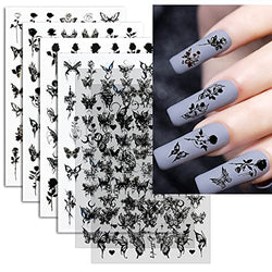 6 Sheets Black Butterfly Rose Nail Stickers for Nail Art, 3D Nail Supplies Nail Art Design Decorations Accessories for Acrylic Nail DIY Decoration Self-Adhesive Nail Stickers for Women Girls (Black butterfly rose)