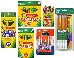 Crayola Bundle K-5 School Supplies: Crayola Markers, Pencils, Dixon Eraser Caps, Elmer's Glue Stick