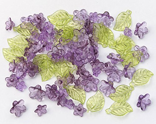 Acrylic Purple Flowers with Green Leaf Beads - 192 pieces