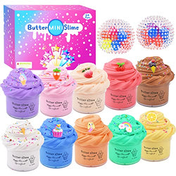 Upgraded Butter Slime Kit, 12 Pack Scented Slime Kits, with 2 Stress Relief Balls, Unicorn, Ice Cream and Fruit Slime Making Kit, Slime Game for Girls Boys Kids, Super Soft and Non-Sticky