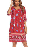 Bohemian Floral Red Dress Ethnic Style Tunic Boho Dresses Summer Short with Tie Neck M