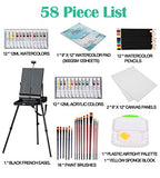 Falling in Art 58 Piece Lightweight French Style Easel Paint Set, 12 Acrylic Colors, 12 Watercolors, Painting Panels, Nylon Brushes, Airtight Palette and More