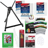 U.S. Art Supply 60 Piece Deluxe Acrylic Painitng Set wtih 12 Pack of 8" X 10" Professional Artist Quality Canvas Panel Boards, Aluminum Tabletop Easel, 24 Acrylic Colors, Acrylic Painting Pad