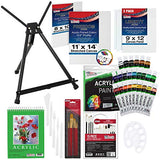 U.S Art Supply 97-Piece Deluxe Acrylic Painting Set with Aluminum Tabletop Easel, 24 Acrylic Colors, Acrylic Painting Pad, Stretched & Canvas Panels, Brushes & Palette Knives