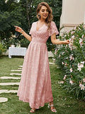 Simplee Women's Boho Floral V Neck Short Sleeve Formal Maxi Ruffle Dress Summer Long Flowy Lace Bridesmaid Wedding Party Evening Dress(XL 1_Pink)