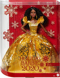 Barbie Signature 2020 Holiday Barbie Doll (12-inch Brunette Curly Hair) in Golden Gown, with Doll Stand and Certificate of Authenticity, Gift for 6 Year Olds and Up