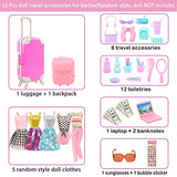ENOCHT 32 Pcs Doll Travel Playset 1 Luggage 1 Backpack 5 Doll Clothes 8 Travel Accessories 12 Toiletries 2 Banknotes 1 Sunglasses for 11.5 Inch Girl Doll(Doll NOT Include)