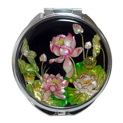 Mother of Pearl Pink Lotus Flower Design Double Magnifying Compact Cosmetic Makeup Hand Mirror, 3.2