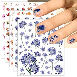 JMEOWIO 6 Sheets Spring Flower Nail Art Stickers Decals Self-Adhesive Pegatinas Uñas Colorful Floral Summer Nail Supplies Nail Art Design Decoration Accessories