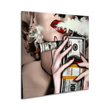 RINWUNS Wall Art Burned Money Sexy Poster Monroe Red Lip with Cigar Canvas Print Idea Creative Wall Painting Artwork Picture Modern Home Decor for Living Room Unframed 1 PC 16x16inch (Only Canvas)