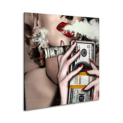 RINWUNS Wall Art Burned Money Sexy Poster Monroe Red Lip with Cigar Canvas Print Idea Creative Wall Painting Artwork Picture Modern Home Decor for Living Room Unframed 1 PC 16x16inch (Only Canvas)