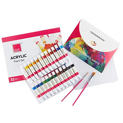 COLOUR BLOCK Acrylic Paint Set - 32 PC, 24 Acrylic Paint Tubes, 2 Synthetic Brushes, and 6 Painting Sheets in a Durable Cardboard Gift Box