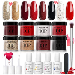 17 Pcs Dip Powder Nail Kit Starter, AZUREBEAUTY 8 Colors Valentine's Day Ruby Red Glitter Dipping Powder Kit System Essential Liquid Set for French Nail Art Manicure Salon DIY Home
