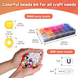 2000 pcs Pony Beads kit in 2 Grid containers, Includes 1600 pcs Pony Beads + 400 pcs Alphabet Beads, Beads for Jewelry Making, Beads, Hair Beads, Beads for Crafts, Kandi Beads