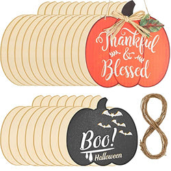 Halloween Wooden Pumpkin Thanksgiving Thankful Blessed Wood Cutout 11 Inch and 8 Inch Unfinished Craft Cutout Blank Hanging Ornament Slice with Twine Ropes for Boo Decor DIY Making (20 Pieces)