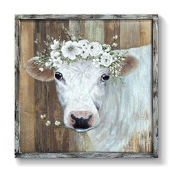 Animal Framed Picture Wall Art: White Cow Artwork Hand Painted Painting on Wooden Board for Bedroom (24''W x 24''H,Multiple Sizes)