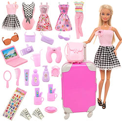 ENOCHT 32 Pcs Doll Travel Playset 1 Luggage 1 Backpack 5 Doll Clothes 8 Travel Accessories 12 Toiletries 2 Banknotes 1 Sunglasses for 11.5 Inch Girl Doll(Doll NOT Include)