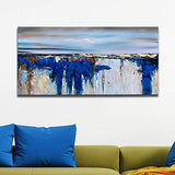 Pure Hand painted Abstract Canvas Wall Art Painting Picture Modern Textured Artwork with Huge Blue Color Sea and Sky Style for Home and Office Decoration Framed Ready to Hang 48x24inch