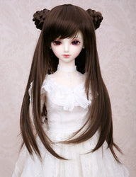 (15-16CM) BJD Doll Hair Wig 1/6 YOSD DZ DOD LUTS / Dark Brown Long Hair with 2 Buns / FBE086