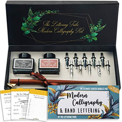 Lettering Tribe Calligraphy Set For Beginners | Oblique Wooden Pen Set | 10 Caligraphy Dip Pen Nibs | Black India Ink | Online Caligraphy kits for beginners Book