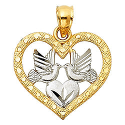 Solid 14k Yellow White Gold Heart Love Birds Pendant Charm Diamond Cut Religious Design 16 x 18 mm