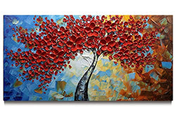 Sangbuy Art 24x48 Inch Hand Painted Oil Painting On Canvas Textured Palette Knife Paintings Red Tree Paintings Modern Home Decor Wall Art for Living Room Bedroom and Dining Room Framed Stretched Ready to Hang