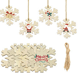 LEBERY 50Pcs DIY Wooden Christmas Ornaments Unfinished Snowflakes Wood Slices with Hole, 3.1" Predrilled Wood Snowflake Cutouts for Crafts Paints Christmas Tree Hanging Decorations