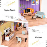 Wooden Dollhouse Dreamhouse with Light, 17pcs Furnitures, Movable Stairs, Pretend Play Toys for Girls & Toddlers, Gift for Ages 3+