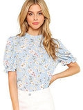 Romwe Women's Floral Print Ruffle Puff Short Sleeve Casual Blouse Tops Blue Small