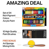 Complete Acrylic Paint Set – 24х Rich Pigment Colors – 12x Art Brushes with Bonus Paint Art Knife & Sponge – for Painting Canvas, Clay, Ceramic & Crafts, Non-Toxic & Quick Dry – for Kids & Adults